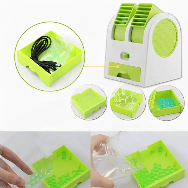 Portable Mini AC Air Cooler – USB/Battery Operated, Dual Blower, Ice Tray, Bladeless Fan for Home, Office & Outdoor Use.